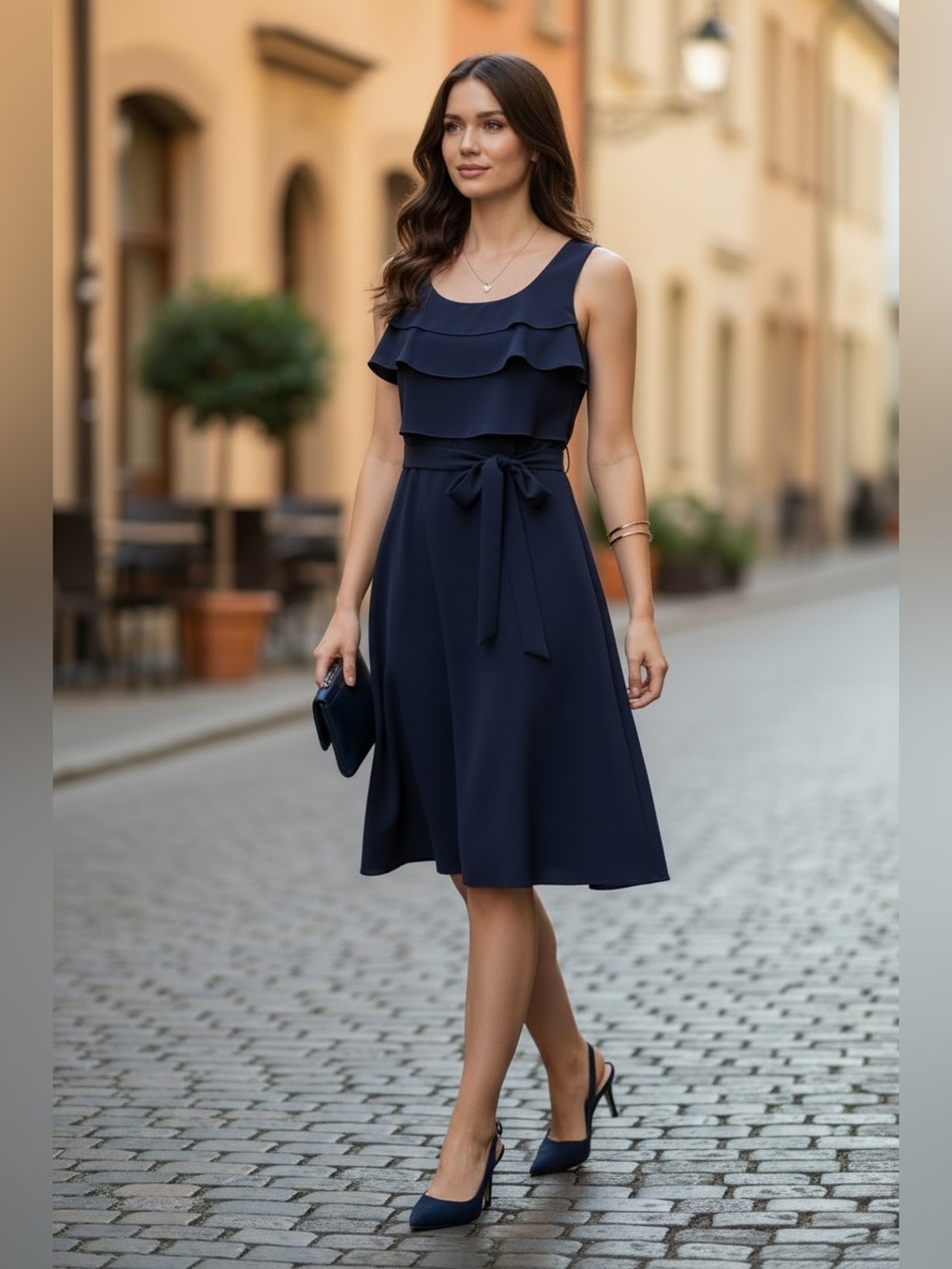 ALEX MARIE Navy Tiered Bodice A-Line Tie Waist Dress Sz 6 Sm Minimalist Cottage
